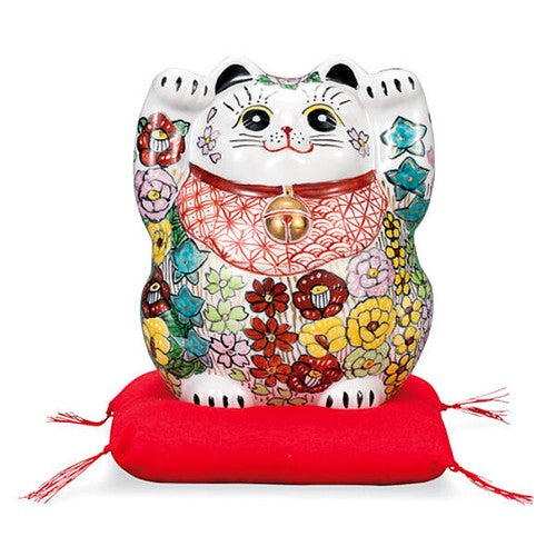 Yuzen Dyeing Kutani-yaki Assorted Colors Ceramics 14cm Both-handed Maneki Neko, Set with Futon