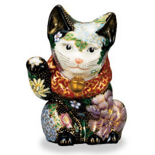 Kutani-yaki Gold Label Black Flowers 12.3cm Maneki Neko