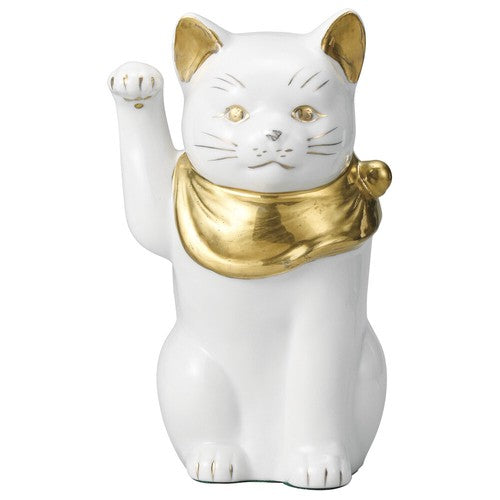 Gold Scarf White Ceramics Left-handed Maneki Neko (2 Sizes)