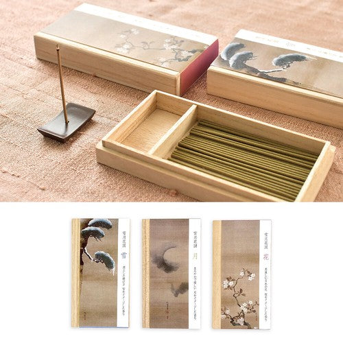 "Snow, Moon, Flowers" Incense Sticks , 40pcs - with Simple Incense Stand & Paulownia box