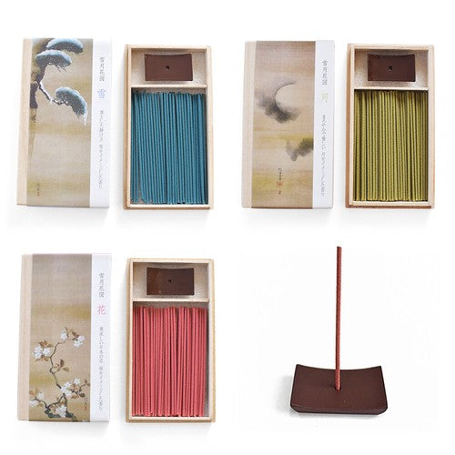 "Snow, Moon, Flowers" Incense Sticks , 40pcs - with Simple Incense Stand & Paulownia box