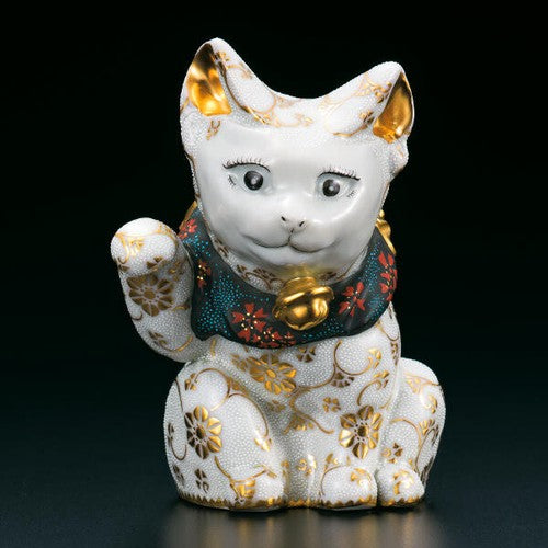 KINTAMA NAKADA's Kutani-yaki 12.3cm Maneki Neko, White & Gold