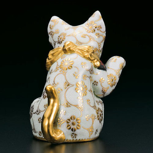 KINTAMA NAKADA's Kutani-yaki 12.3cm Maneki Neko, White & Gold