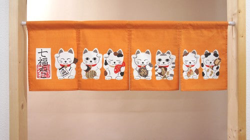 Seven Lucky Cats, 85x30cm Short Noren Curtain