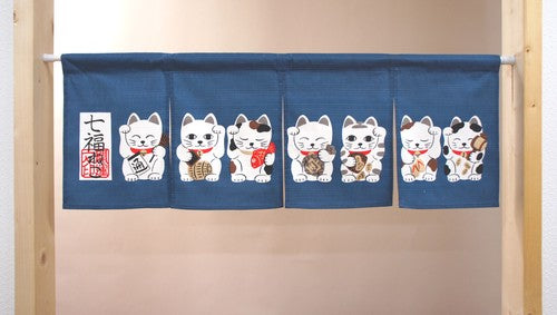 Seven Lucky Cats, 85x30cm Short Noren Curtain